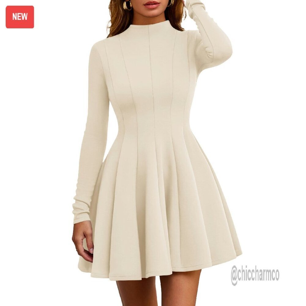 Long Sleeve A-Line Swing Dress, Fit & Flare, Ruffle Detail, Casual Elegant